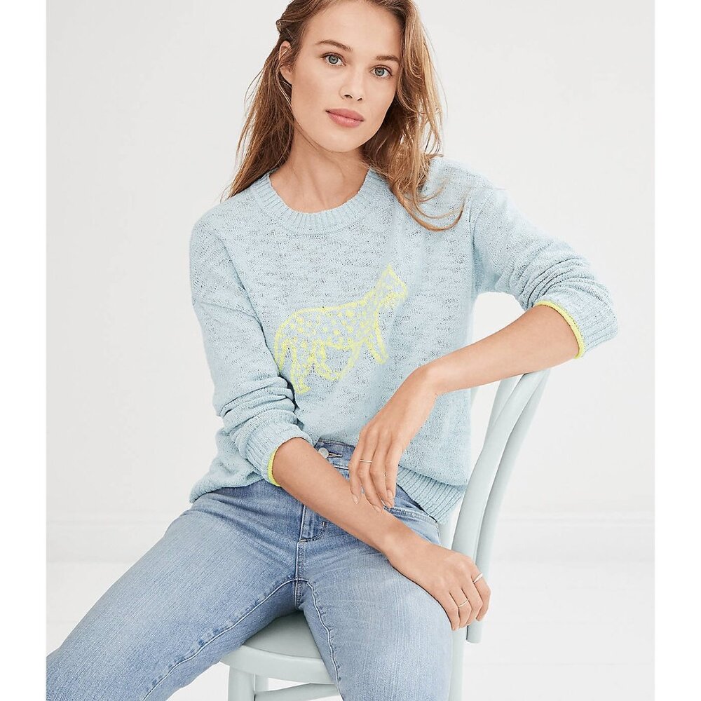 LOU & GREY Light Blue Leopard Embroidered Knit Sweater Womens XS